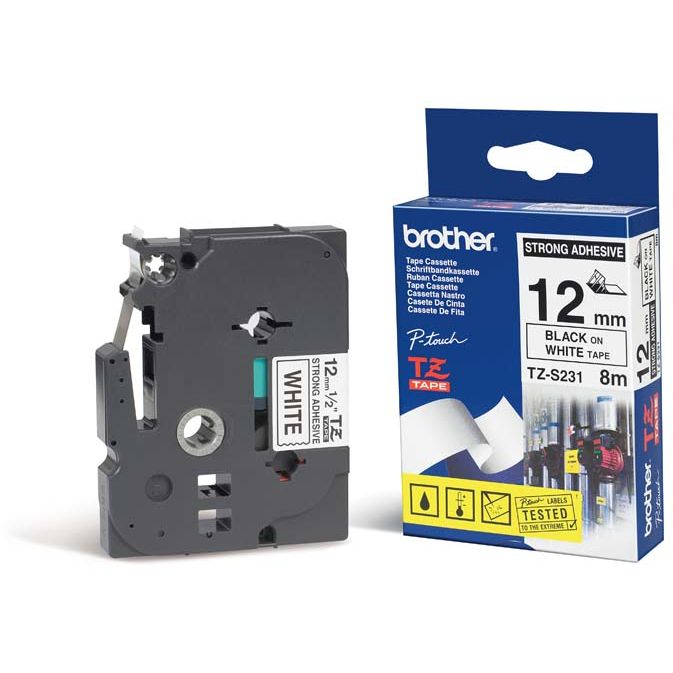 Cinta laminada Superadhesiva 12mm x 8m Blanco / Negro Brother TZ-S231