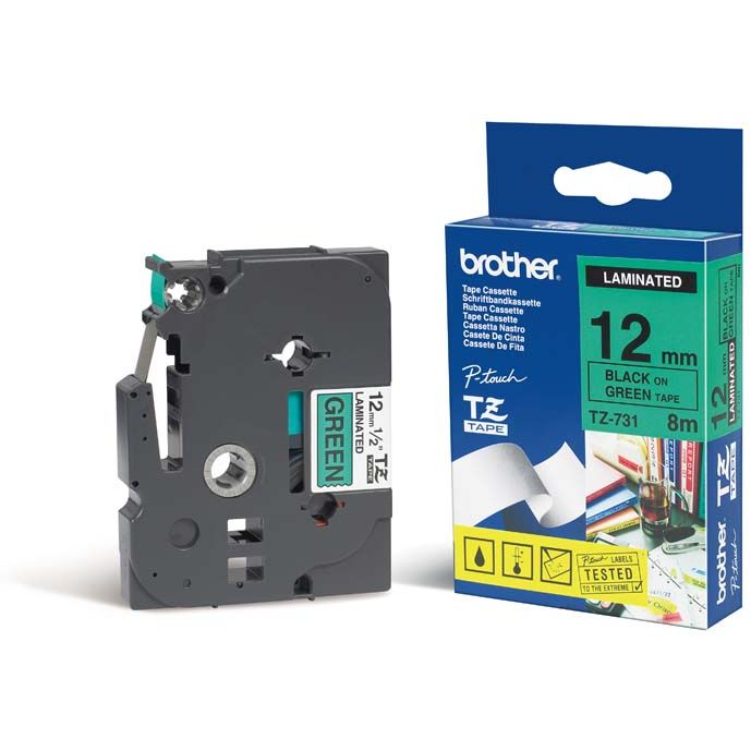 Cinta laminada Verde / Negro 12mm x 8m Brother TZ-731
