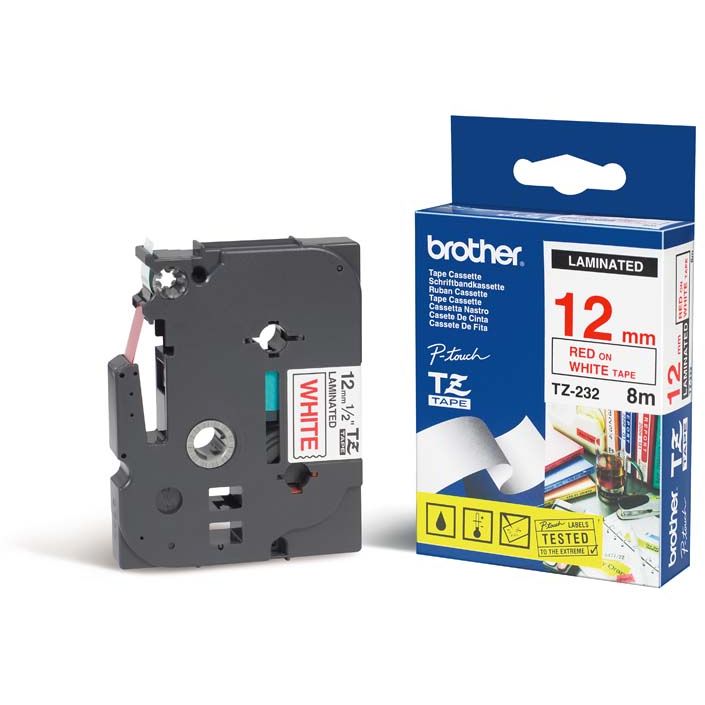 Cinta laminada Blanco / Rojo 12mm x 8m Brother TZ-232