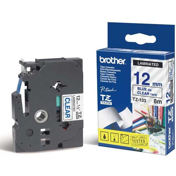 Cinta laminada 12mm x 8m Transparente Azul Brother TZ-133