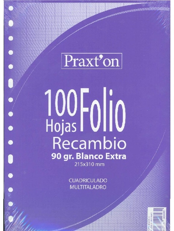 RECAMBIO 100 Hojas FOLIO CUADRICULADO de 16-Taladros, Papel de 90 GR, con Margen