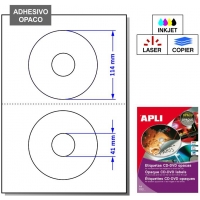 200 Etiquetas para CD/DVD opacas Apli 10166. Caja de 100 Hojas con 2 Etiquetas por hoja. Total 200 Etiquetas.