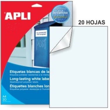 20 Etiquetas Poliester Transparentes 210 x 297 mm, Apli 01225. 20 Hojas con 1 Etiqueta por hoja. Total 20 Etiqueta