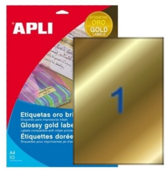 10 Etiquetas Poliester Oro 210 x 297 mm, Apli 10366. 10 Hojas con 1 Etiqueta por hoja. Total 10 Etiquetas