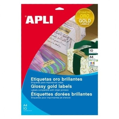 Imagen extra 10 Etiquetas Poliester Oro 210 x 297 mm, Apli 10366. 10 Hojas con 1 Etiqueta por hoja. Total 10 Etiquetas