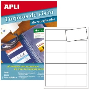 100 Tarjetas visita microperforadas en hojas A4 para impresora, Apli 10608. 10 Hojas con 10 Tarjetas por hoja. Total 100 Tarjeta