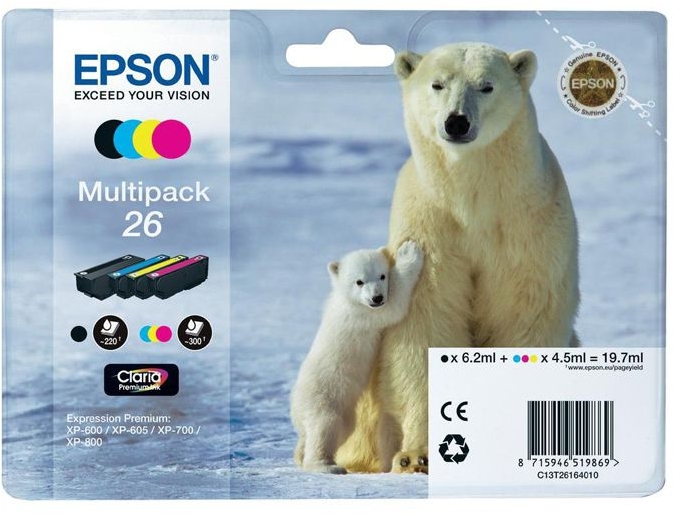 PACK 4 Colores Epson 26 Original T2616 XP600 XP605 XP700 XP800 C13T26164010