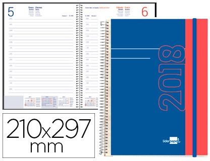 Agenda espiral liderpapel tinos din-a4 2018 dia pagina portada polipropileno personalizable.