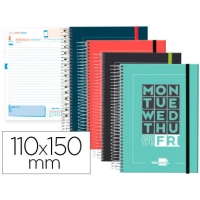 Agenda escolar Liderpapel 2017-18 college mini, 11x15 cm, bilingue, Dia pagina, Carton forrado, Espiral, Cierre de goma