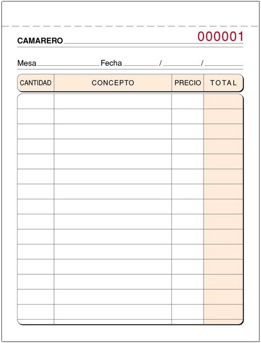 Talonario Camarero, 1/8 Octavo (75x105mm), Natural, Copia Duplicado. 80D / T-88