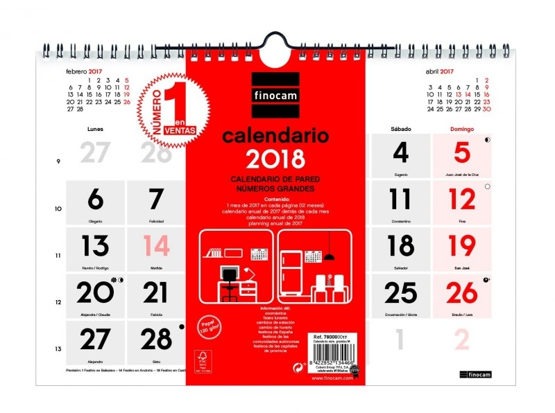 Calendario de pared numeros grandes 30x21 cm 2018