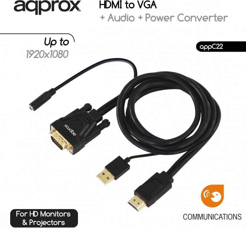 Imagen extra Cable adaptador HDMI a VGA, alimentado por USB, con sonido, APPROX APPC22