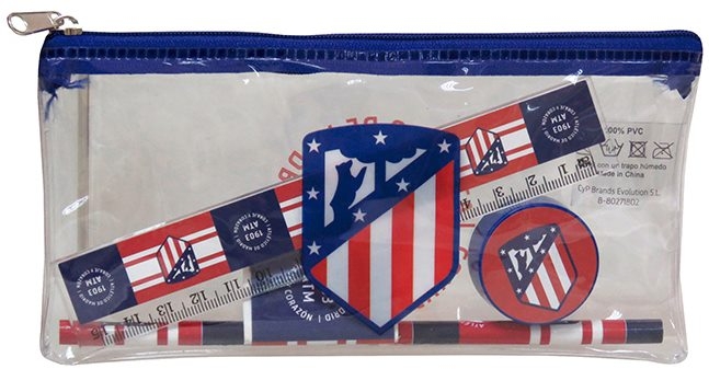 Set Atletico de Madrid. Portatodo transparente + Lapiz + Sacapuntas + Goma + Regla. GS-512-ATL