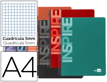 Cuaderno Liderpapel Inspire A4, 160H Microperforadas 4 Taladros, Tapa dura, Cuadricula 5x5, Papel de 60gr