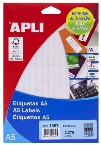 Etiquetas 8x12mm APLI 1857. 15 Hojas A5 con 225 Etiquetas por Hoja