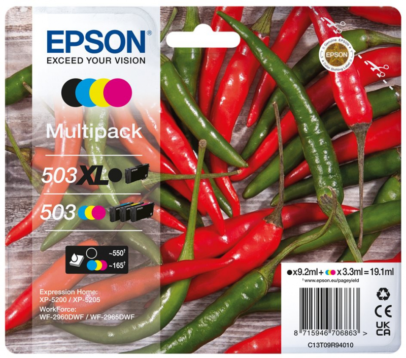 PACK 4 Cartuchos Epson 503XL/503 C13T09R94010 Originales (Negro alta capacidad, colores baja) - 