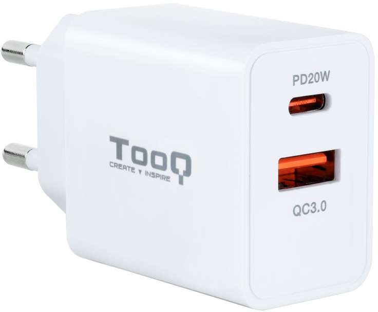 Tooq Cargador de Pared USB 3.0 18W, USB-C 20W - Carga Rapida - Color Blanco