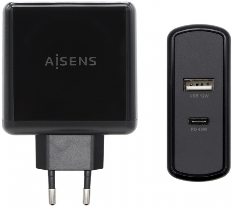 Cargador Aisens de 57W (Puertos 1x USB-C 45W, 1x USB-A 12W). Negro