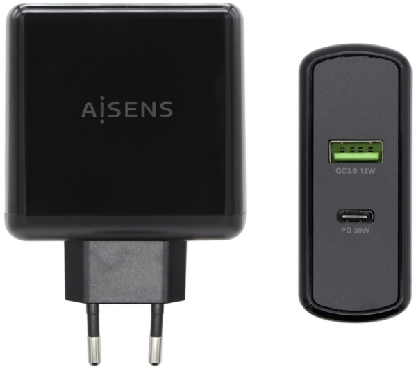Cargador rapido Aisens de 48W USBC 30W y USB Tipo A de 18W.  Negro