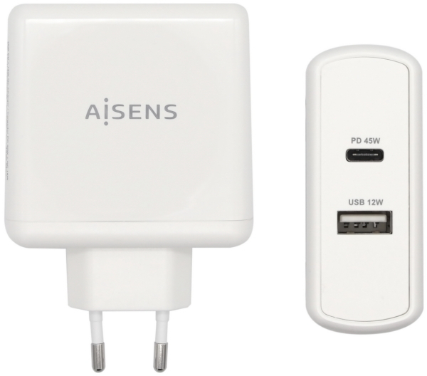 Cargador Aisens de 57W (Puertos 1x USB-C 45W, 1x USB-A 12W). Blanco