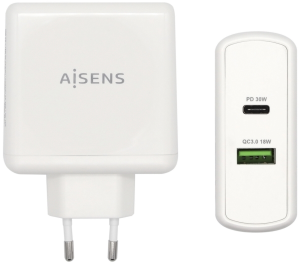 Cargador rapido Aisens de 48W USBC 30W y USB Tipo A de 18W. Blanco