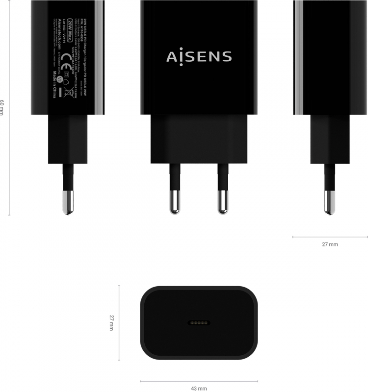 Imagen extra Aisens Cargador USB-C PD3.0 1 Puerto 1xUSB-C - 20W - Color Negro