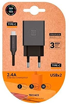 TechOneTech Cargador Doble de Pared + Cable USB-A a USB-C 1m - Recubierto de Nylon Trenzado