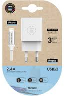 TechOneTech Cargador Doble de Pared + Cable USB-A a Lightning 1m - Recubierto de Nylon Trenzado