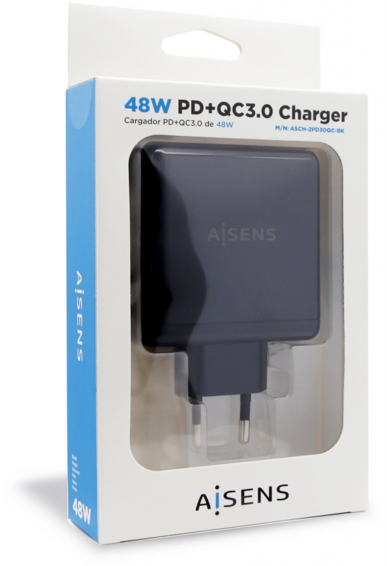 Imagen extra Cargador rapido Aisens de 48W USBC 30W y USB Tipo A de 18W.  Negro