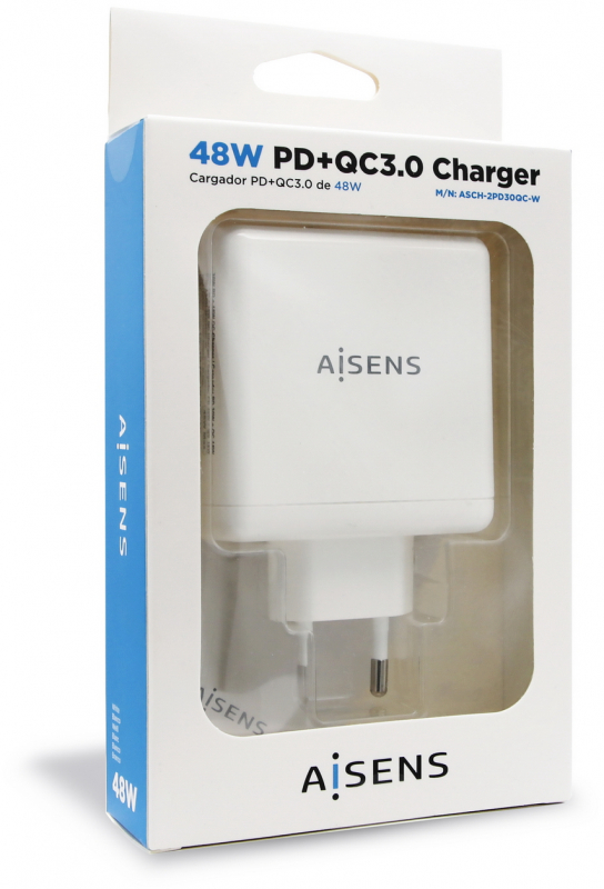 Imagen extra Cargador rapido Aisens de 48W USBC 30W y USB Tipo A de 18W. Blanco