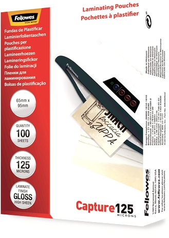Fellowes Pack de 125 Fundas Plastificar Tarjetas Brillo 65 x 95 mm 125 Micras Transparente