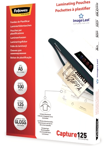 Fellowes Pack de 100 Fundas Plastificar Brillo A5 125 Micras Transparente