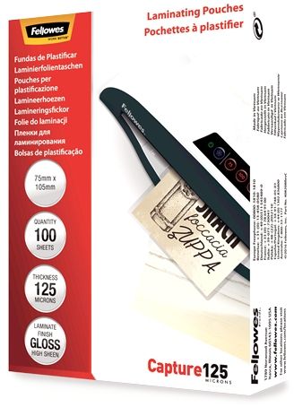 Fellowes Pack de 100 Fundas Plastificar Brillo Tarjetas 75 x 105mm 125 Micras Transparente