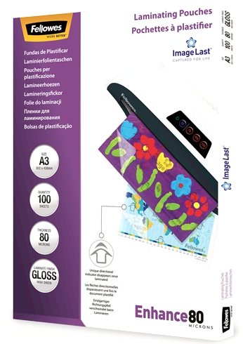 Fellowes Pack de 100 Fundas Plastificar Brillo A3 80 Micras Transparente