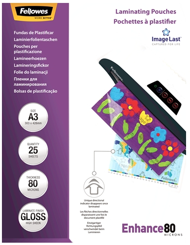 Fellowes Pack de 25 Fundas Plastificar Brillo A3 80 Micras Transparente