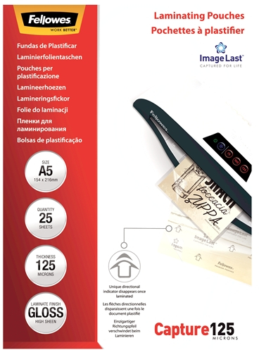 Fellowes Pack de 25 Fundas Plastificar Brillo A5 125 Micras Transparente
