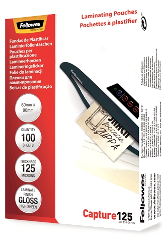 Fellowes Pack de 100 Fundas Plastificar Brillo Tarjetas 60 x 90mm 125 Micras Transparente