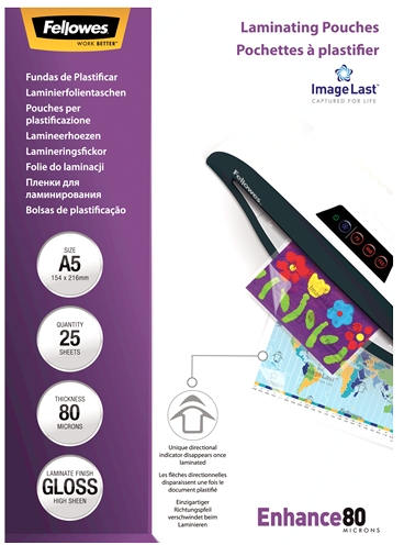 Fellowes Pack de 25 Fundas Plastificar Brillo A5 80 Micras Transparente