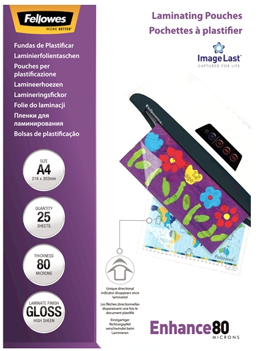 Fellowes Pack de 25 Fundas Plastificar Brillo A4 80 Micras Transparente