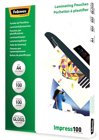 Fellowes Pack de 100 Fundas Plastificar Brillo A4 100 Micras Transparente