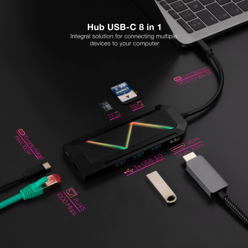 Imagen extra Dock 8 en 1 Nanocable Hub USB-C 3.0 con 3x USB-A 3.0, 1x USB-C PD, 1x HDMI, 1x RJ45, 1x Lector tarjetas