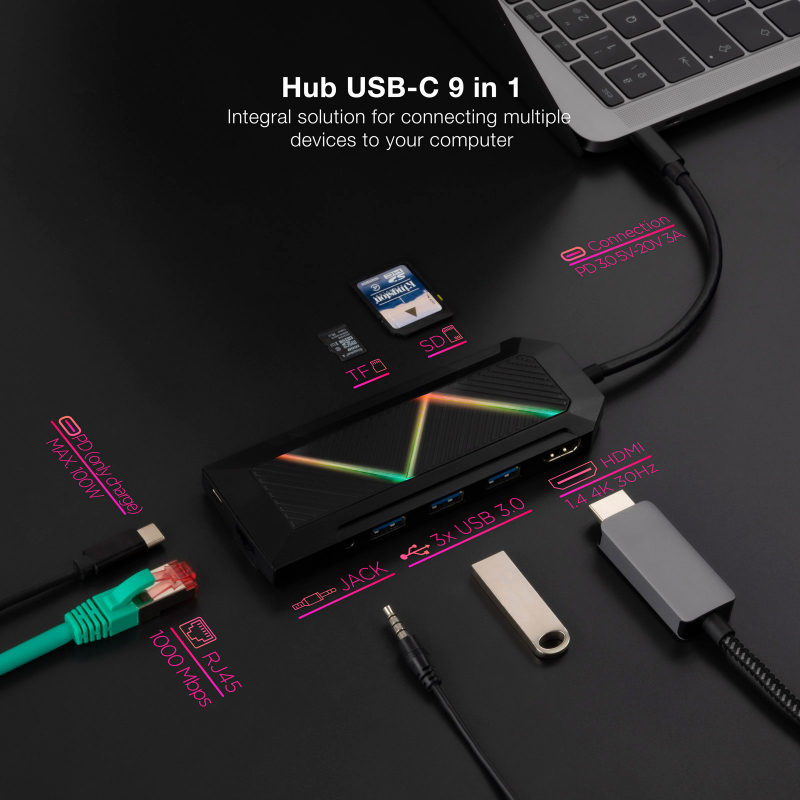 Imagen extra Dock 9 en 1 Nanocable Hub USB-C 3.0 con 3x USB-A 3.0, 1x USB-C PD, 1x HDMI, 1x RJ45, 1x Audio 3.5mm, 1x Lector tarjetas