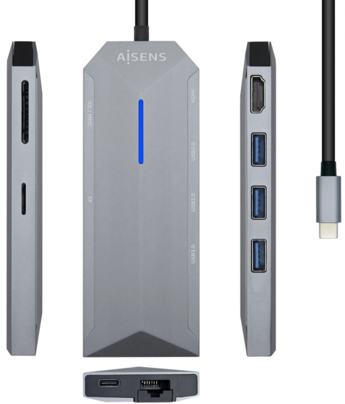 Dock 8 en 1 USB-C Aisens HDMI, Ethernet RJ45, 3xUSB, 1xPD, Lector tarjetas, Hub USB 3.0