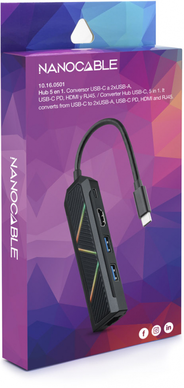 Imagen extra Dock 5 en 1 Nanocable Hub USB-C 3.0 con 2x USB-A 3.0, 1x USB-C PD, 1x HDMI, 1x RJ45 - Carcasa de Aluminio - Cable de 0.15m