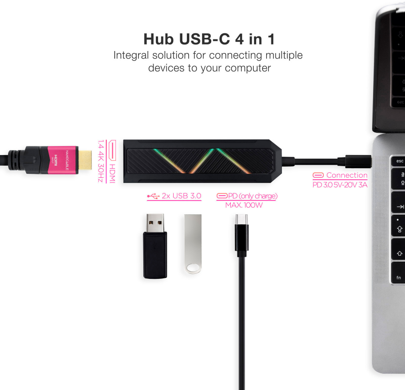 Imagen extra Dock 4 en 1 Nanocable Hub USB-C 3.0 con 2x USB-A 3.0, 1x USB-C PD, 1x HDMI - Carcasa de Aluminio - Cable de 0.15m
