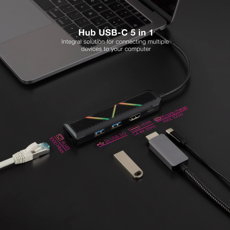 Imagen extra Dock 5 en 1 Nanocable Hub USB-C 3.0 con 2x USB-A 3.0, 1x USB-C PD, 1x HDMI, 1x RJ45 - Carcasa de Aluminio - Cable de 0.15m