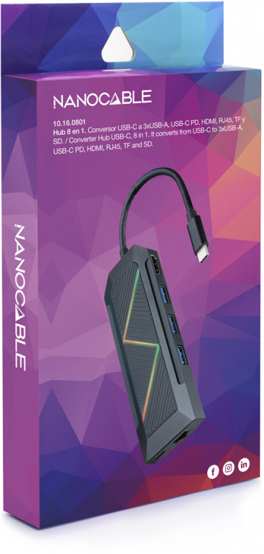 Imagen extra Dock 8 en 1 Nanocable Hub USB-C 3.0 con 3x USB-A 3.0, 1x USB-C PD, 1x HDMI, 1x RJ45, 1x Lector tarjetas