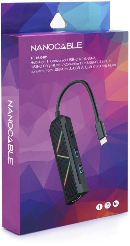 Imagen extra Dock 4 en 1 Nanocable Hub USB-C 3.0 con 2x USB-A 3.0, 1x USB-C PD, 1x HDMI - Carcasa de Aluminio - Cable de 0.15m