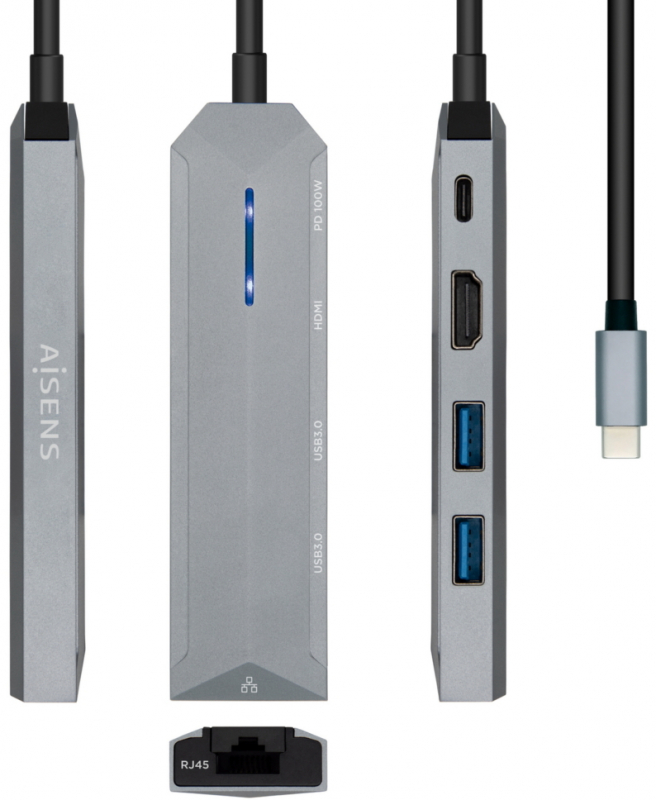 Dock 5 en 1 USB-C Aisens HDMI, Ethernet RJ45, 2xUSB, 1xPD, Hub USB 