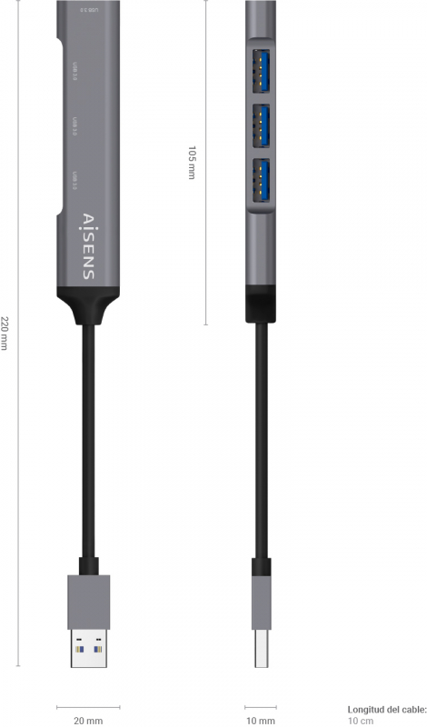 Imagen extra Hub USB 3.0 Aisens de 4 Puertos, cable 10cm